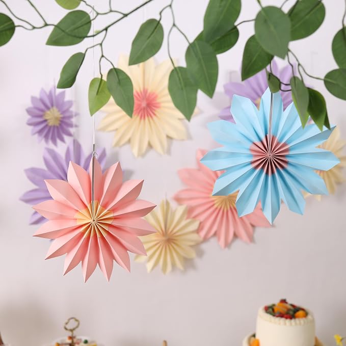 Pastel Paper Fans, Pastel Party Decorations for Classroom, Birthday, 9 PCS Yellow, Pink and Purple Pastel Paper Flower Decorations for Baby Shower, Wall Decor