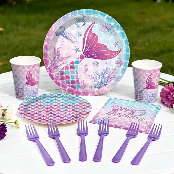 295Pcs Mermaid Birthday Decorations Serve 25, Mermaid Party Decorations Include Balloon Garland Arch, Plates, Tablecloth, Cake Topper, Cupcake Stand, Cupcake Toppers, for Under The Sea Party