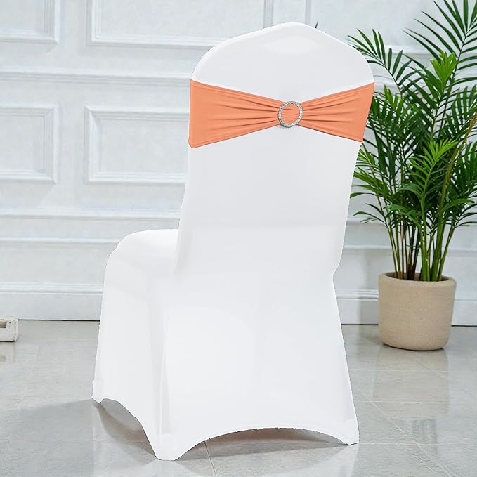 VDS - Peach | Spandex Chair Sashes Bows | 125 PCS | Stretch Elastic Banquet Universal Folding Chair Band Tie with Silver Buckle Slider for Wedding Party Conference Celebration Event Decoration