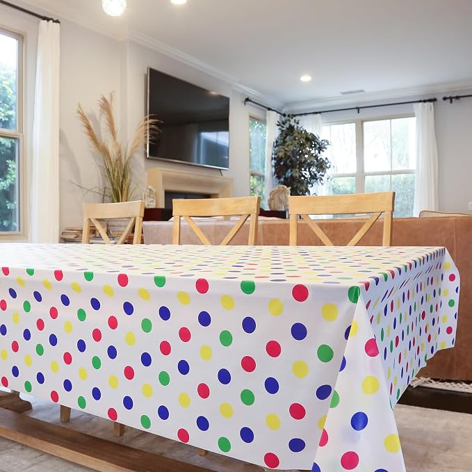 Plastic Tablecloth Roll – 54" x 100' Plastic Tablecloths for Parties Disposable with Cutter Box - Cut to Size Disposable Tablecloth for Rectangle & Round (Colorful Dots)