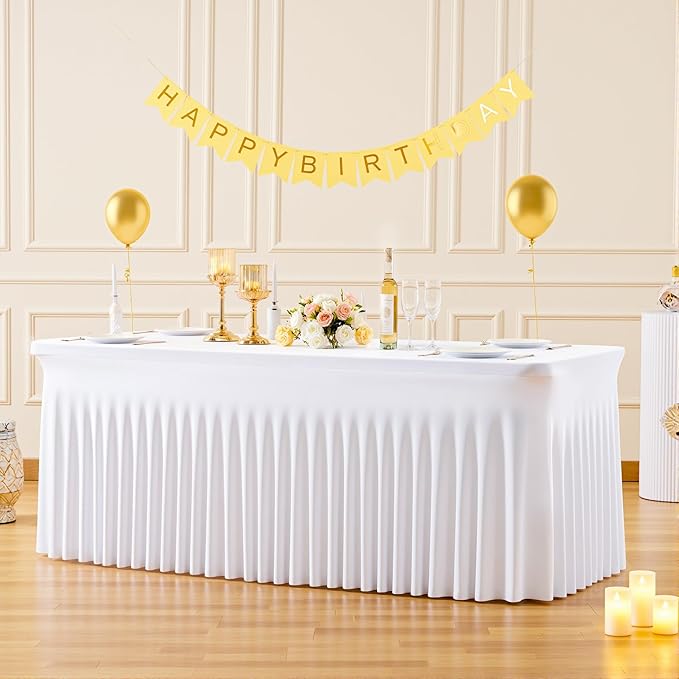 6 Pack 6ft White Spandex Table Cloths for Rectangle Tables Wrinkle Free White Rectangle Tablecloths, Stretch Fitted Table Cover with Skirt for Wedding Birthday Party Banquet Baby Shower Buffet Event