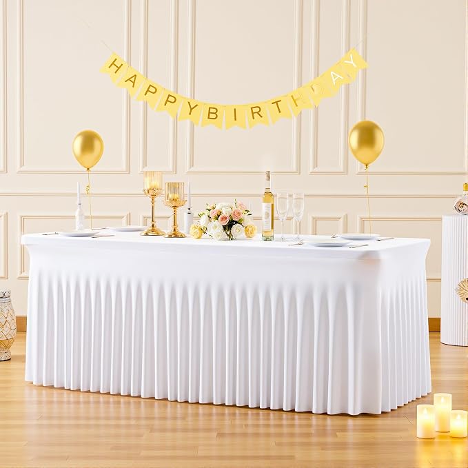 6 Pack 8ft White Spandex Tablecloths for Rectangle Tables Wrinkle Free White Rectangle Table Cloth, Stretch Fitted Table Cover with Skirt for Wedding Birthday Party Banquet Baby Shower Buffet Event