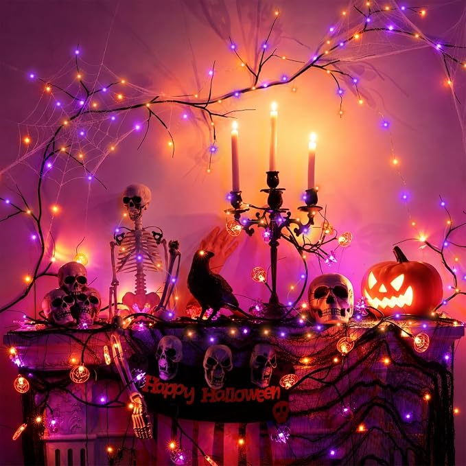YEGUO Fairy Lights Battery Operated, 4 Packs Each 16ft 50 LED String Lights, 2 Modes Silver Wire Christmas Twinkle Light Indoor for Halloween Bedroom Wedding Party Holiday Gift(Orange and Purple)