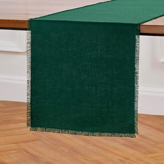 Solino Home Linen Fringe Table Runner 108 Inches Long - 100% Pure Linen Evergreen Table Runner 14 x 108 Inch - Handcrafted and Machine Washable