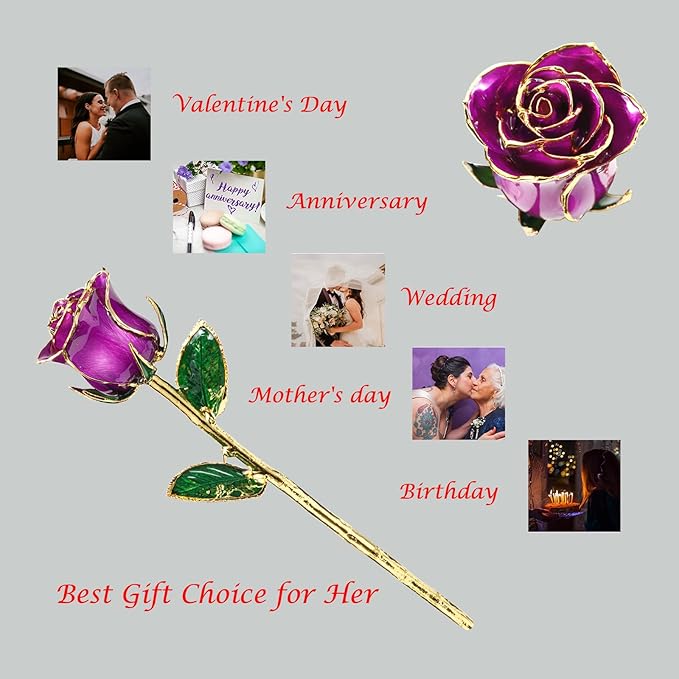 Gold Rose, 24K Gold Dipped Real Rose is Attractive Luster and Natural Shape, Best Gifts for Anniversary Wedding Valentines Day (Purple Original Rose with Stand)
