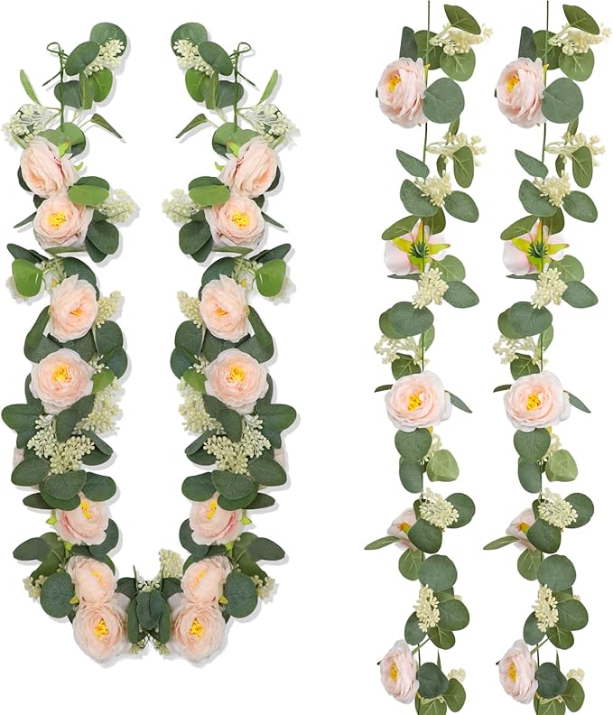 Zerzsy 2 Pack Artificial Greenery Vine Fake Flower Garlands, 6.6Ft Pink Floral Rose Garland, Eucalyptus Garland Faux Silk Hanging Vine for Wedding Table Runner Room Decor (Pink)
