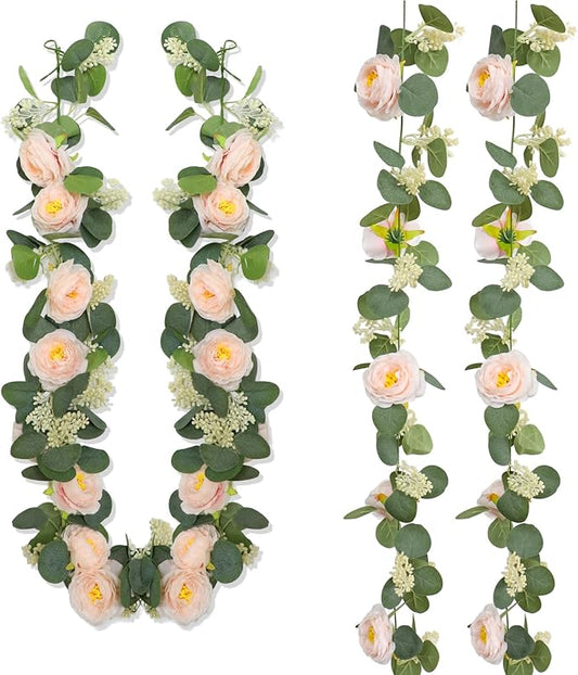 Zerzsy 2 Pack Artificial Greenery Vine Fake Flower Garlands, 6.6Ft Pink Floral Rose Garland, Eucalyptus Garland Faux Silk Hanging Vine for Wedding Table Runner Room Decor (Pink)