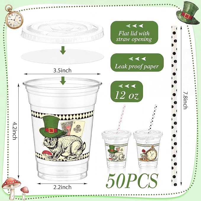 FoldTier 50 Pack Wonderland Themed Party Cups with Lids and Straws 12 oz Disposable Plastic Cups Retro Rabbit Pocket Watch Pattern Vintage Drinkware Supplies for Birthday Tea Party Baby Shower