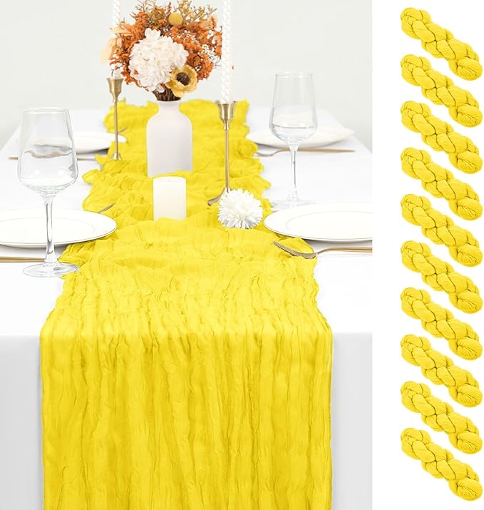 10 Pack Yellow Table Runner 10Ft Cheesecloth Table Runner Boho Gauze Table Runners Romantic Long Sheer Fabric Cheese Cloth Table Runners for Wedding Party Bridal Shower(Yellow)