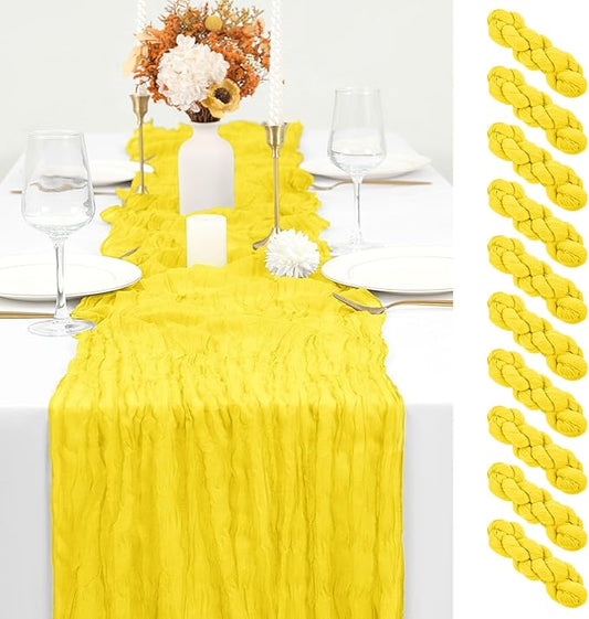 10 Pack Yellow Table Runner 10Ft Cheesecloth Table Runner Boho Gauze Table Runners Romantic Long Sheer Fabric Cheese Cloth Table Runners for Wedding Party Bridal Shower(Yellow)
