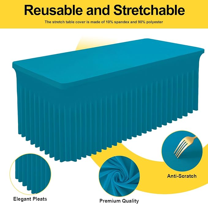 Smiry Spandex Tablecloth 2 Pack, Elastic Fitted Stretch Tablecloth for 8FT Rectangle Tables, Waterproof Washable Table Cover Skirt for Outdoor, Wedding, Banquet & Parties (Turquoise, 96Lx30Wx30H Inch)