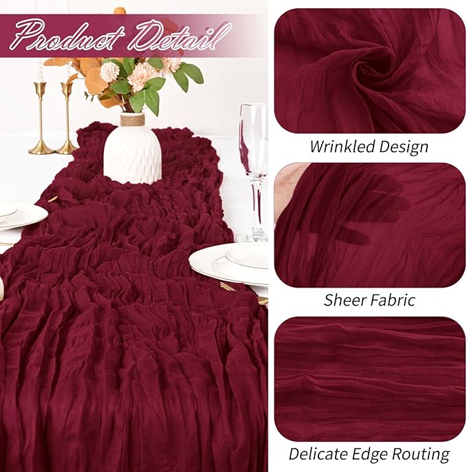 30 Pack Burgundy Cheesecloth Table Runner 17 x 108 inch Cheese Cloth Table Runners 9ft Burgundy Table Runner Rustic Romantic Sheer Gauze Runner for Wedding Party Baby Shower Table Decoration