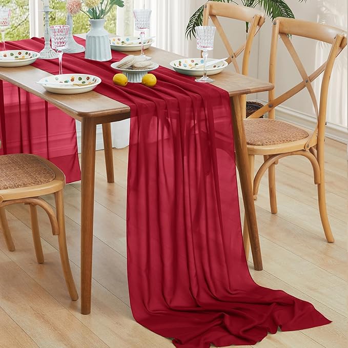 Horbaunal 2 Pack Burgundy Chiffon Table Runners 10FT Sheer Chiffon Runner 29x120 Inches Romantic Boho Rustic Table Runner for Wedding Party Bridal Baby Shower Table Decorations