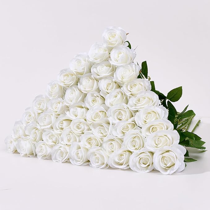 60 Pcs Ivory Fake Roses Artificial Flowers Bulk Realistic Silk Faux Rose with Stems for Wedding Decoration Anniversary Bridal Bouquet DIY Floral Arrangement Romantic Home Decor Gifts