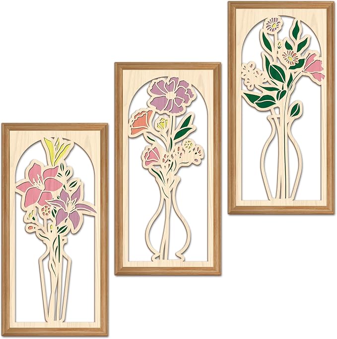 IARTTOP 3 Pcs Boho Flower Vase Wooden Wall Decor Bathroom Floral Farmhouse Decor Botanical Wood Wall Art Spring Flower Artwork for Living Room Bedroom Housewarming Gifts 7.9 x15.8 Inch