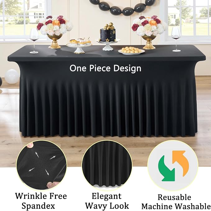 2 Pack Black Spandex Table Covers for 6 Foot Rectangle Tables, Wrinkle Free Fitted Tablecloths 6ft Stretch Table Clothes with Skirt for Parties Weddings Birthday Banquet Baby Shower