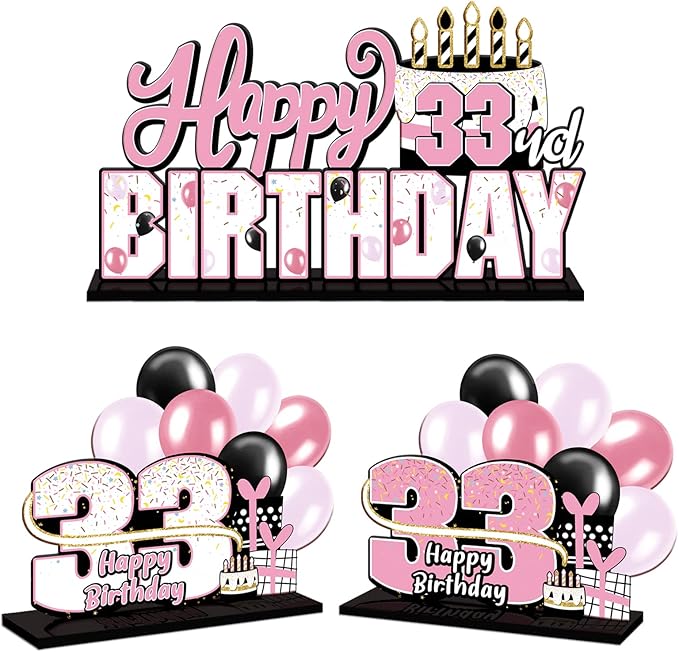 LINGTEER Happy 33rd Birthday Pink Acrylic Table Topper Centerpieces Set - Cheers to 33 Years Old Birthday 33rd Bday Party Gift Decorations.