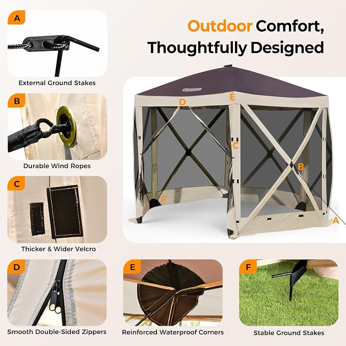 Tecoom 10x10ft 6-Sided Pop Up Gazebo Tent, Screen House with Mosquito Netting Canopy for Camping, Portable Sun Shelter Removable Siedwalls for Outdoor, Garden, Activities, Khaki