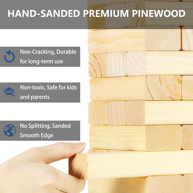 Megwoz Medium Tumble Tower Games for Kids and Adults 66 Blocks New Zealand Pine Wooden Blocks Stacking to 3.5FT Family Games for Indoors Outdoors Yard Games for Family