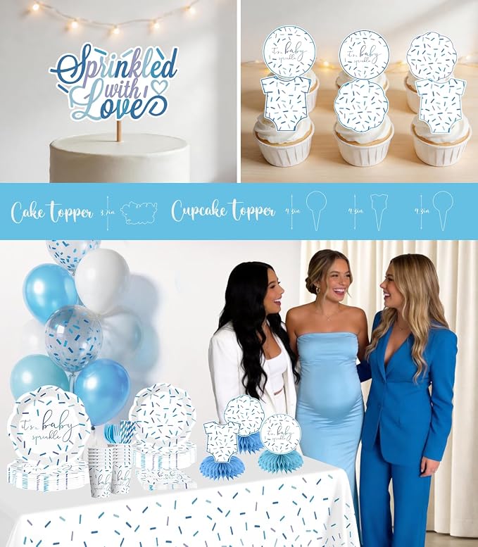 Xynic 205Pcs Baby Sprinkle Decorations Tableware Set Serves 25 Guests Sprinkled with Love Baby Shower with Blue Confetti Plates, Napkins, Tablecloths, Banner, and Cake Toppers for Boy