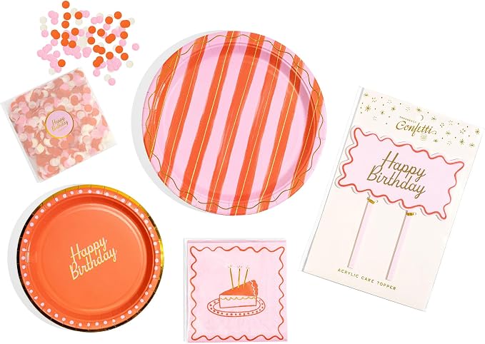 Birthday Party Celebration, Stylish Tableware Set for 8 Guests – Pink/Red