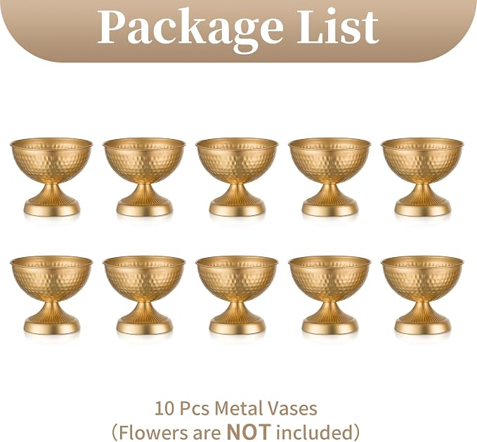 Sziqiqi Urn Vases for Wedding Centerpiece - 5.9in High Gold Metal Vase Set of 10 Small Vintage Flower Arrangement Pots for Table Centerpieces Elegant Hammered Compote Vase for Anniversary Party