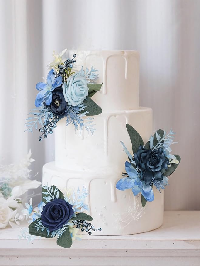 Rinlong 3Pcs Pre-made Cake Flowers Navy Blue Cake Decorations Wedding Cake Decorating Flowers Decor Birthday Baptism Party Artificial Flowers Cake Toppers