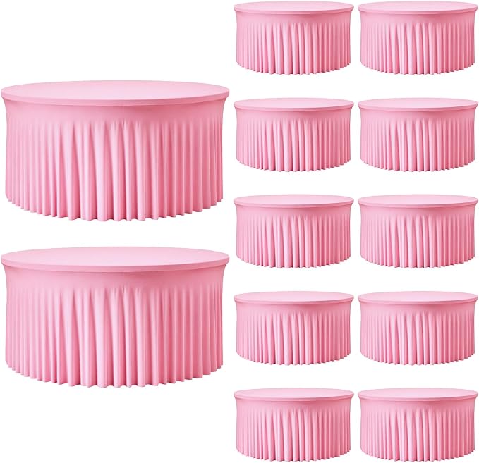 6FT Pink Round Spandex Tablecloth 12 Pack – Stretch Fitted Round Table Cover for 72 Inch Table, Wrinkle Free Elastic Tablecloth for Bridal Shower, Baby Shower,Wedding,Party,Event Decoration