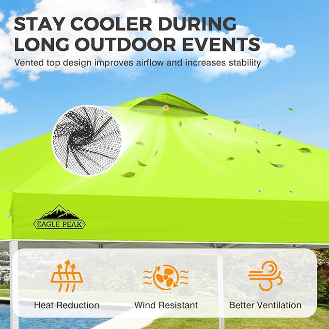 EAGLE PEAK Pop Up Canopy Tent with Wheeled Carry Bag, 8 Stakes, 4 Ropes, 4 Weight Bags, Easy Set Up Tent Canopy, 10x10 ft, 100sqft of Shade, Neon Green