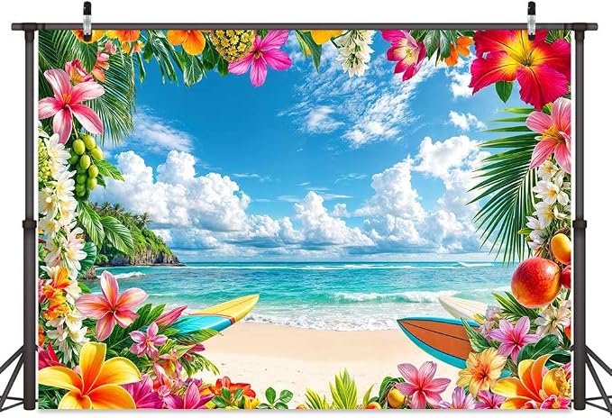 10x6.5ft Summer Beach Backdrop Tropical Hawaii Palm Tree Floral Photography Backdrops Blue Sea Sky Sunshine Luau Party Photo Background Wedding Bride Shower Baby Birthday Party Banner Supplies Props