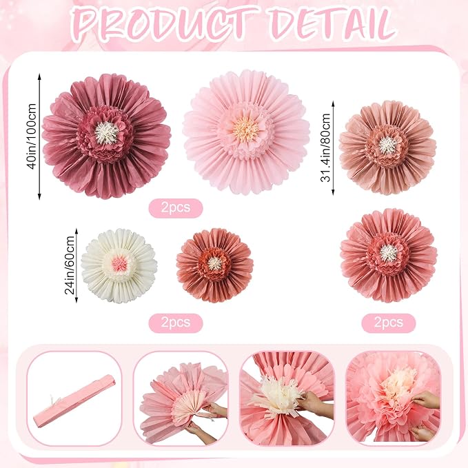 Giegxin 6 Pcs 40'', 31.4", 24" Boho Pink Giant Paper Flowers for Wall Decorations Pink White Big Jumbo Tissue Crepe Flowers Boho Party Decorations Floral for Wedding Baby Shower Classroom Backdrop