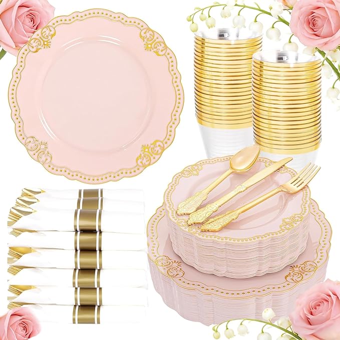 Ciaell 350 PCS Pink Plastic Plates - Pink and Gold Disposable Plates Include 50 Disposable Plate, 150 Heavy Duty Silverware, 50 Cups, 50 Napkins for Wedding & Party & Anniversary & Mother's Day