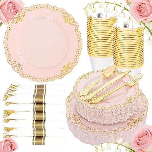 Ciaell 350 PCS Pink Plastic Plates - Pink and Gold Disposable Plates Include 50 Disposable Plate, 150 Heavy Duty Silverware, 50 Cups, 50 Napkins for Wedding & Party & Anniversary & Mother's Day