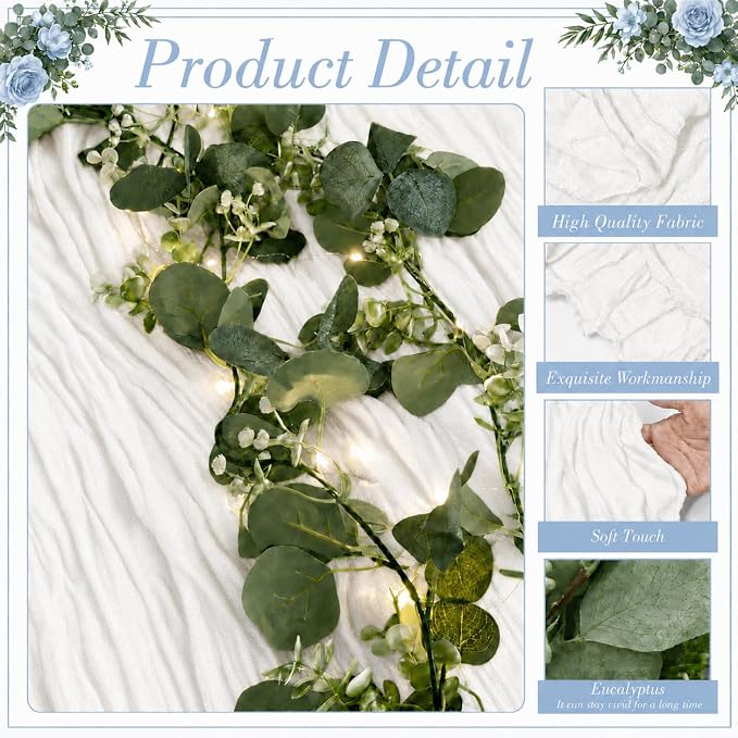 Cinrobiye 11pcs Cheesecloth Table Runner Set 120 Inch – Gauze Table Runner with Napkins, Eucalyptus Garland & String Lights for Wedding Baby Shower Table Decor, Rustic Boho