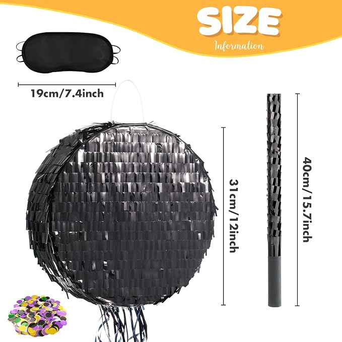 WERNNSAI Black Round Piñata for DIY - Halloween Black Moon Piñata for Kids DIY Birthday Party Disco Decoration for Adult Night Party Supplies with Confetti Bat Blindfold, 12.2”x 12.2”