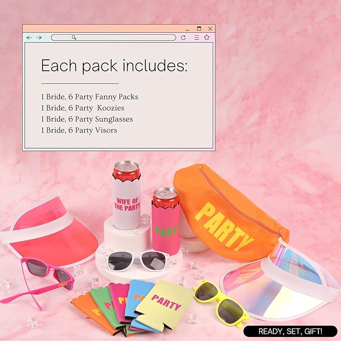 Neon Bachelorette Fanny Packs | 28 pc Set of 7 Bachelorette Party Favors & Accessories - 1 'Wife of the Party' & 6 'Party' Neon Fanny Packs with Sunglasses & Visors | 80s Retro Bachelorette Party Kit