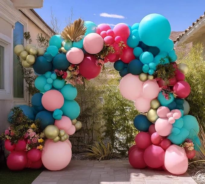 Teal Blue Pink Balloon Garland, Double Stuffed Hot Light Pink Dusty Blue Gold Balloon Arch Kit for Birthday Baby Shower Gender Reveal Wedding Tropical Party Decoration