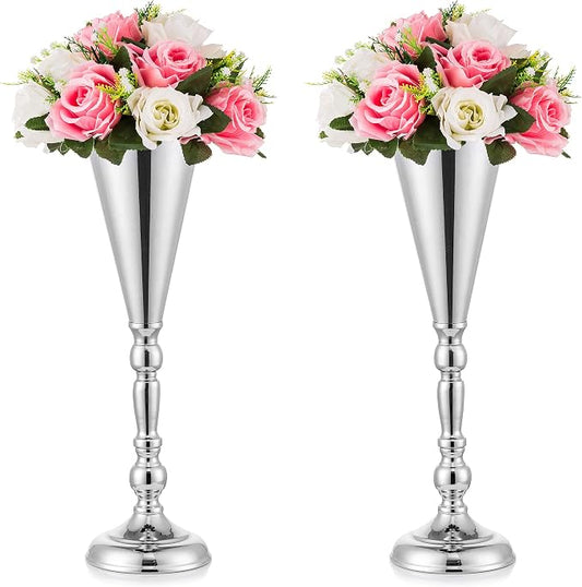 Sliver Vase Centerpiece Table Decorations,2 Pack Metal Tabletop Flower Stand, Wedding Decorations for Reception, 16.5in Trumpet Tall Flower Vase for Birthday, Weddings, Event, Party