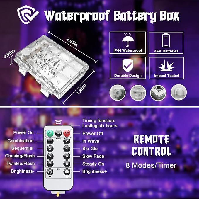 JMEXSUSS 2 Pack Christmas Fairy Lights Battery Operated, Total 200 LED 66ft Purple Christmas Lights with Remote, 8 Modes Twinkle String Lights Light for Halloween Tree Indoor Outdoor Decorations