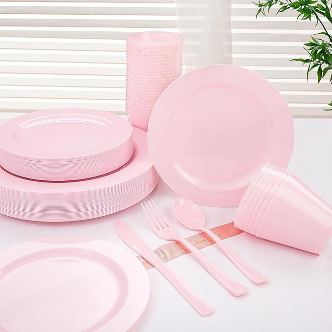 KIRE 150 Pieces Pink Plastic Plates Disposable - Pink Dinnerware Set Include 25 Dinner & 25 Salad Plates 25 Forks 25 Knives 25 Spoons 25 Cups for Baby Shower/Bridal Shower/Mother's Day