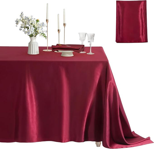 1 Pack Satin Table Cover Rectangle Silkly Soft Table Cloth, Satin Dining Table Cloths for Wedding Banquet Table Decoration, Dining Room, Indoor and Outdoor Use, 60 x 84 Inches, Burgundy