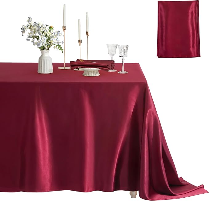 1 Pack Satin Table Cover Rectangle Silkly Soft Table Cloth, Satin Dining Table Cloths for Wedding Banquet Table Decoration, Dining Room, Indoor and Outdoor Use, 60 x 102 Inches, Burgundy