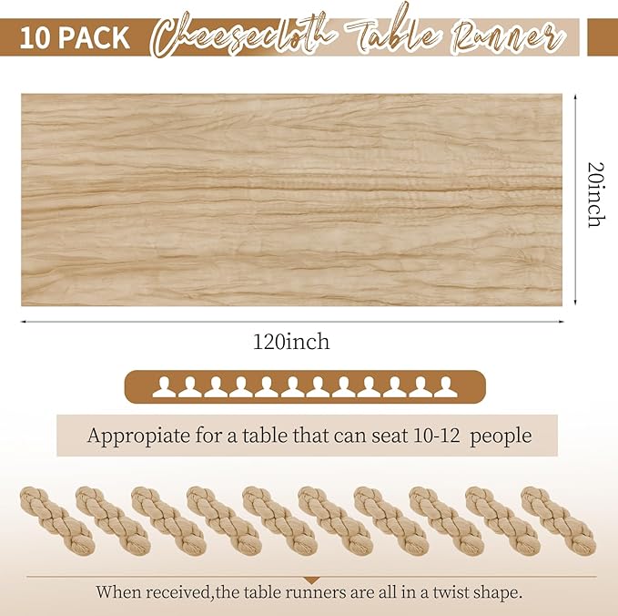 10 Pack Beige Table Runner 10Ft Cheesecloth Table Runner Boho Gauze Table Runners Romantic Long Sheer Fabric Cheese Cloth Table Runners for Wedding Party Bridal Shower(Beige)