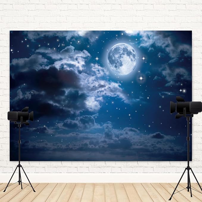 10x8ft Moon Backdrop Full Moon Night Starry Sky Photography Background Bright Stars Cloud Girl Boy Birthday Party Baby Shower Banner Decorations Kids Newborn Portrait Photo Booth Prop