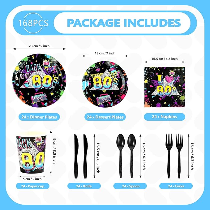 168 Pcs 80s Party Decorations Back to The 80s Plates Napkins Cups Forks Knives Spoons Retro Neon Hip Hop Tableware Set for 80's Theme Music Colorful Birthday Party Supplies Serves 24