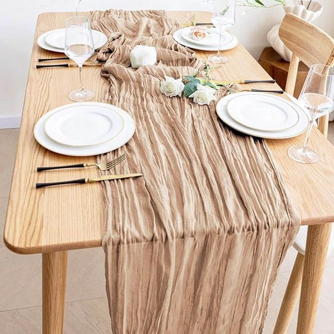 16 Pcs Nude Brown Cheese Cloth Table Runner 21x120 Inch Long Sheer Tan Table Runner Cheesecloth Table Cloth for Valentine’s Day Birthday Party Family Dinner Fit 8-10 People Tables