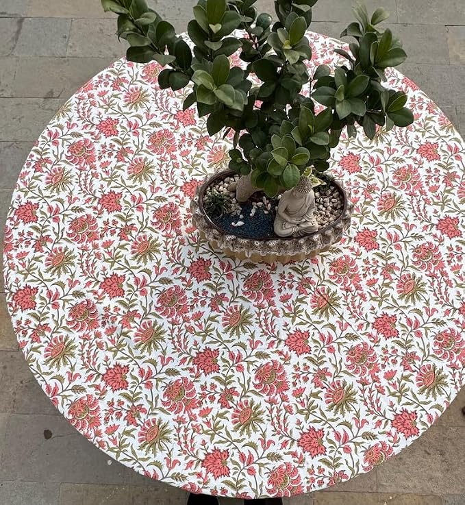 Ridhi Round Tablecloth Hand Block Print 100% Cotton Reusable New York Pink 110 Inch Table Cover Decorative Everyday Use for Dining, Home, Party, Wedding, Farmhouse, Party Gift for Spring, Mother's Day