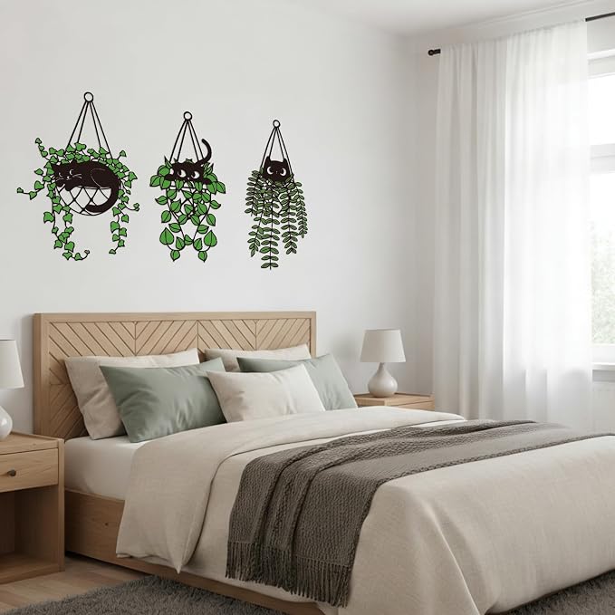 Fiwochic 3 Pcs Black Cat Metal Wall Decor Cute Black and Green Cat Botanical Wall Art Leaves Art Hanging Plant Decoration for Cats Lover Minimalist Room Living Room Patio Decor Gift
