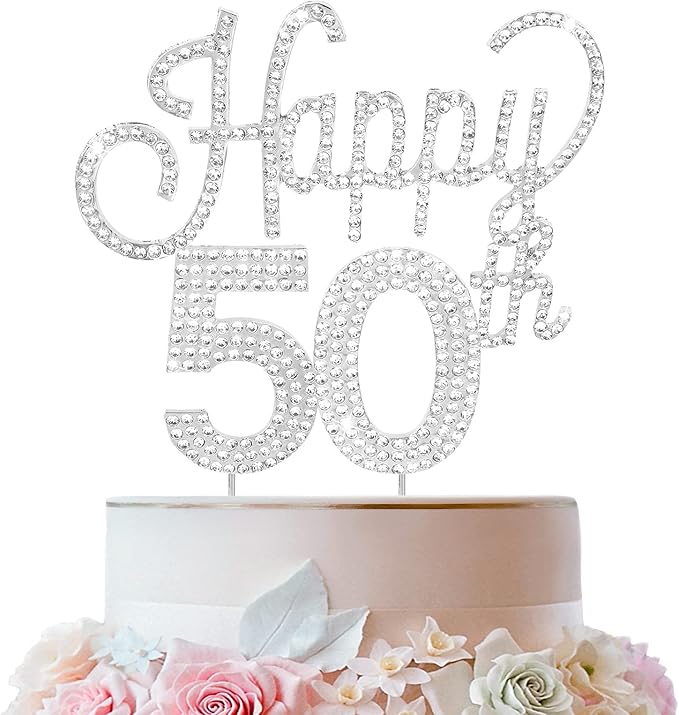 LINGTEER Happy 50th Birthday Silver Rhinestone Cake Topper - Cheers to 50th Birthday Fifty Years Old Anniversary Party Cake Centerpieces Topper Decorations Gift Sign.
