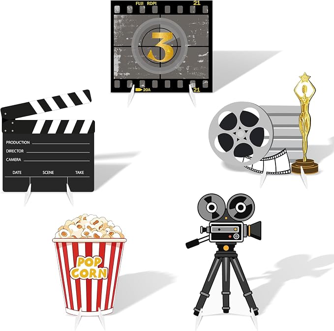 5 Pcs Large Movie Night Party Decorations, Classic Movie Cardboard Cutouts Standup, Popcorn Film Camera Clapperboard Lawn Yard Sign for Theater Theme Indoor Outdoor Birthday Photo Prop
